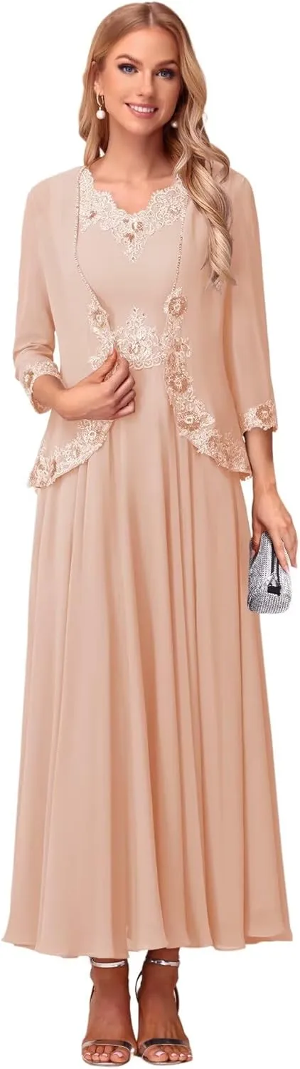 Lace Applique V Neck 2 Piece Mother of The Bride Dresses 3/4 Sleeve Chiffon Evening Formal Dress with Jacket PU178