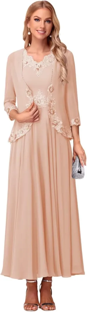 Lace Applique V Neck 2 Piece Mother of The Bride Dresses 3/4 Sleeve Chiffon Evening Formal Dress with Jacket PU178