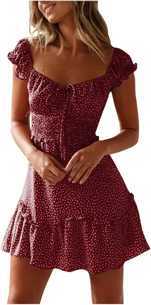 Ladies Sexy Floral Dresses Ruffle Summer Mini Loose Fit 2025 Short Sleeve Beach Daily Sundress with Tie Party Dress