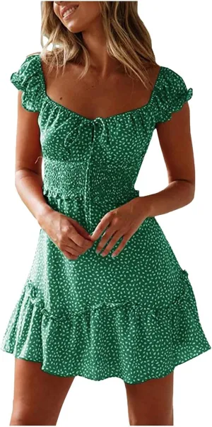 Ladies Sexy Floral Dresses Ruffle Summer Mini Loose Fit 2025 Short Sleeve Beach Daily Sundress with Tie Party Dress