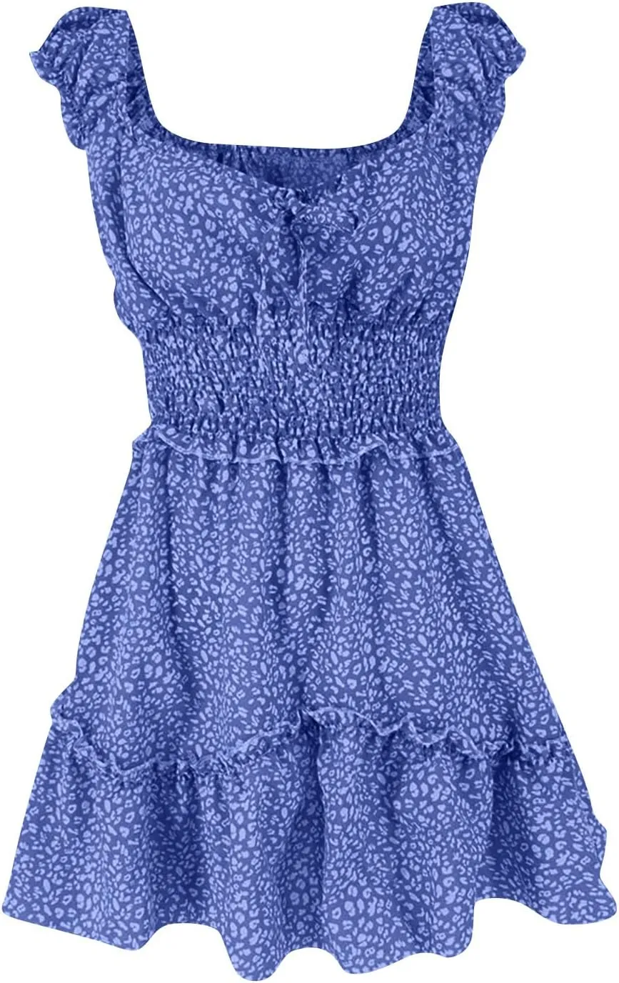 Ladies Sexy Floral Dresses Ruffle Summer Mini Loose Fit 2025 Short Sleeve Beach Daily Sundress with Tie Party Dress