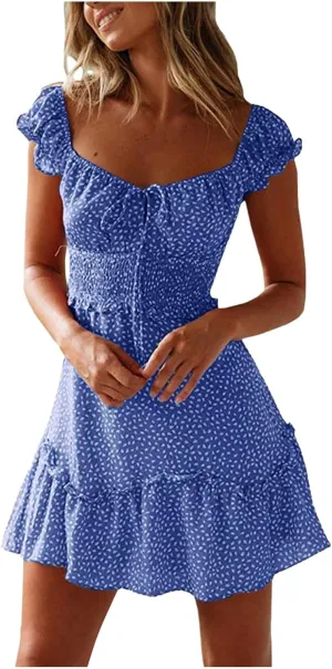 Ladies Sexy Floral Dresses Ruffle Summer Mini Loose Fit 2025 Short Sleeve Beach Daily Sundress with Tie Party Dress