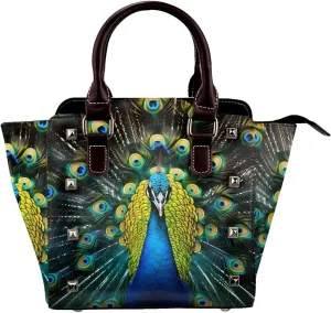 Leather Shoulder Bag for Women, Animal Peacock Studded Purse Blue Bird Crossbody Handbags Punk Hobo Bag with Adjustable Strap