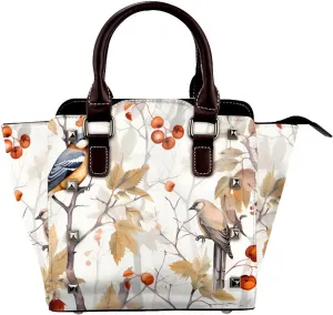 Leather Shoulder Bag for Women, Autumn Leaves Bird Studded Purse Vintage Crossbody Handbags Punk Hobo Bag with Adjustable Strap