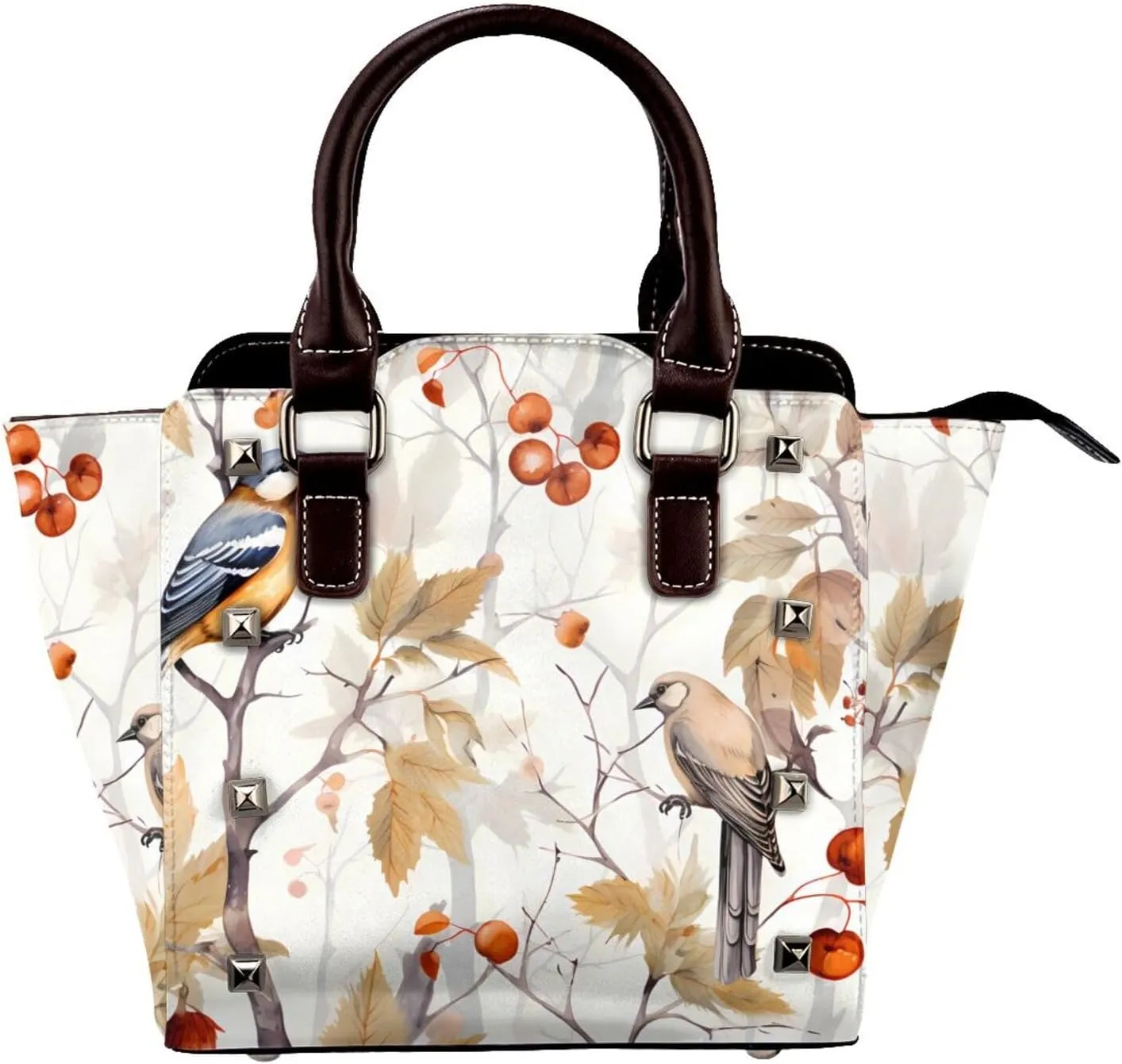 Leather Shoulder Bag for Women, Autumn Leaves Bird Studded Purse Vintage Crossbody Handbags Punk Hobo Bag with Adjustable Strap