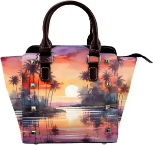 Leather Shoulder Bag for Women, Beach Palm Tree Studded Purse Tropical Sea Ocean Crossbody Handbags Punk Hobo Bag with Adjustable Strap