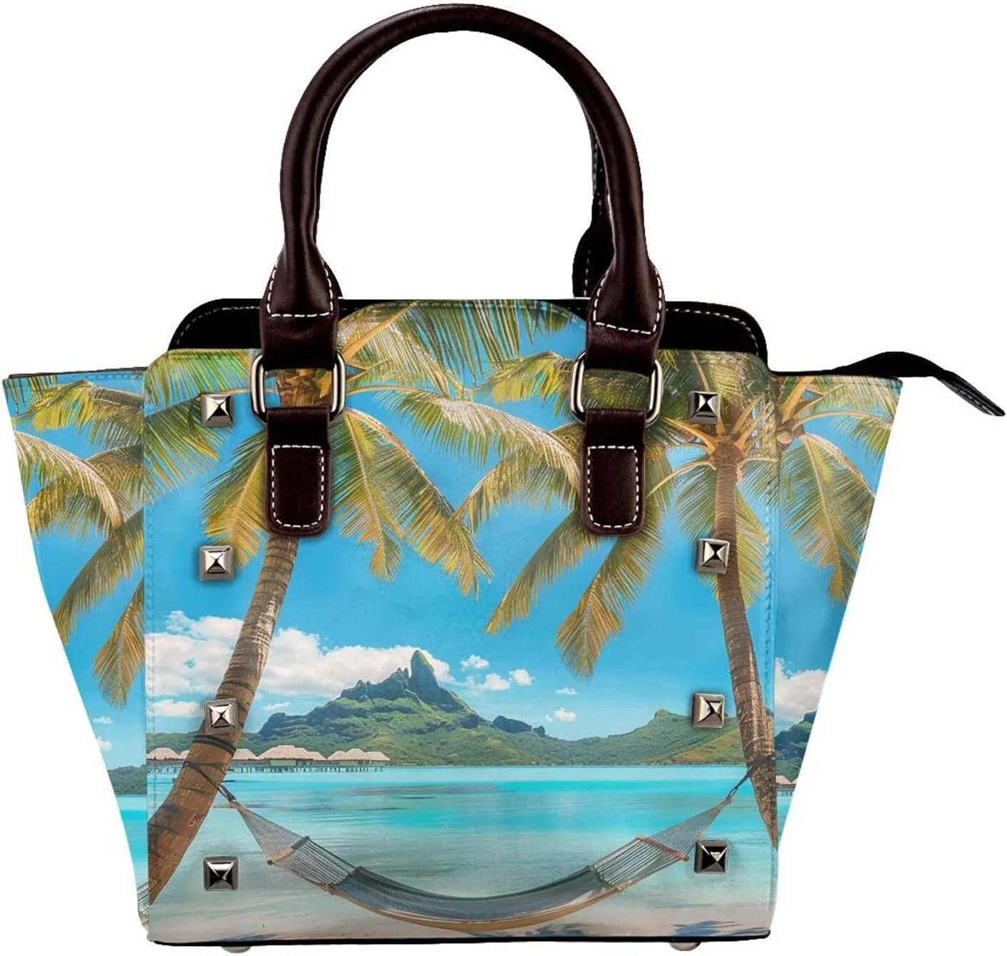 Leather Shoulder Bag for Women, Beach Summer Studded Purse Palm Leaves Crossbody Handbags Punk Hobo Bag with Adjustable Strap