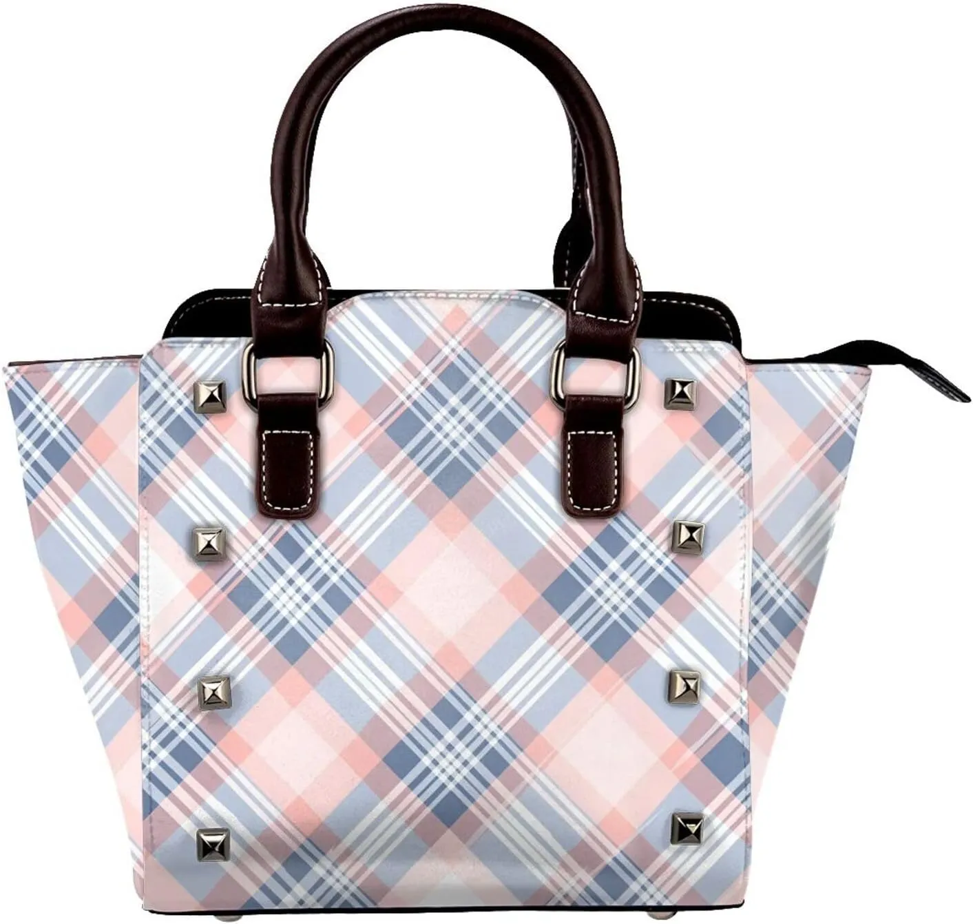 Leather Shoulder Bag for Women, Blue Checked Studded Purse Buffalo Plaid Crossbody Handbags Punk Hobo Bag with Adjustable Strap