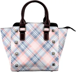 Leather Shoulder Bag for Women, Blue Checked Studded Purse Buffalo Plaid Crossbody Handbags Punk Hobo Bag with Adjustable Strap