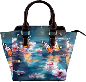 Leather Shoulder Bag for Women, Butterfly Flower Water Studded Purse Spring Floral Crossbody Handbags Punk Hobo Bag with Adjustable Strap