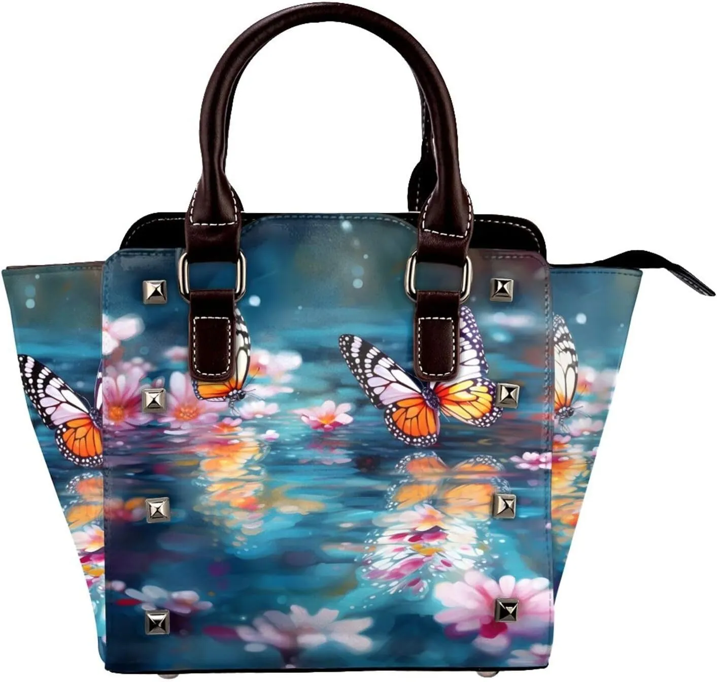 Leather Shoulder Bag for Women, Butterfly Flower Water Studded Purse Spring Floral Crossbody Handbags Punk Hobo Bag with Adjustable Strap