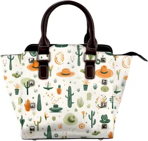 Leather Shoulder Bag for Women, Cactus Flower Hat Studded Purse Cacti Floral Crossbody Handbags Punk Hobo Bag with Adjustable Strap