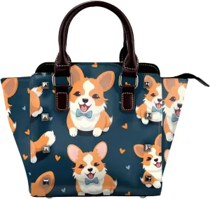 Leather Shoulder Bag for Women, Cartoon Corgi Studded Purse Dog Heart Crossbody Handbags Punk Hobo Bag with Adjustable Strap