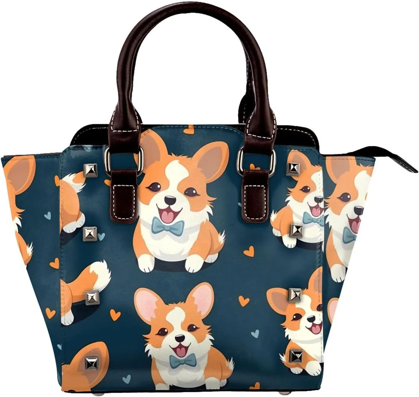 Leather Shoulder Bag for Women, Cartoon Corgi Studded Purse Dog Heart Crossbody Handbags Punk Hobo Bag with Adjustable Strap