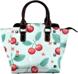 Leather Shoulder Bag for Women, Cherry Fuit Studded Purse Flower Crossbody Handbags Punk Hobo Bag with Adjustable Strap
