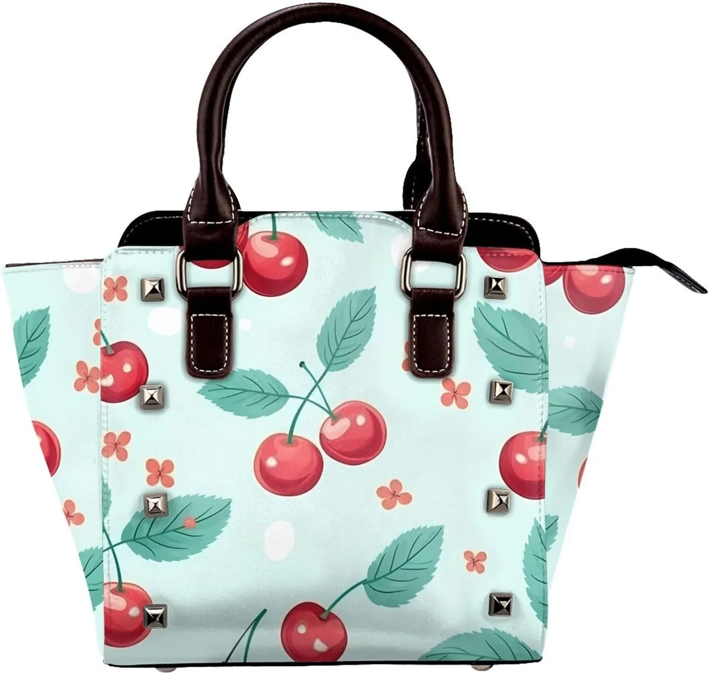 Leather Shoulder Bag for Women, Cherry Fuit Studded Purse Flower Crossbody Handbags Punk Hobo Bag with Adjustable Strap