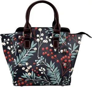Leather Shoulder Bag for Women, Christmas Branches And Berries Studded Purse Xmas Leaves Crossbody Handbags Punk Hobo Bag with Adjustable Strap