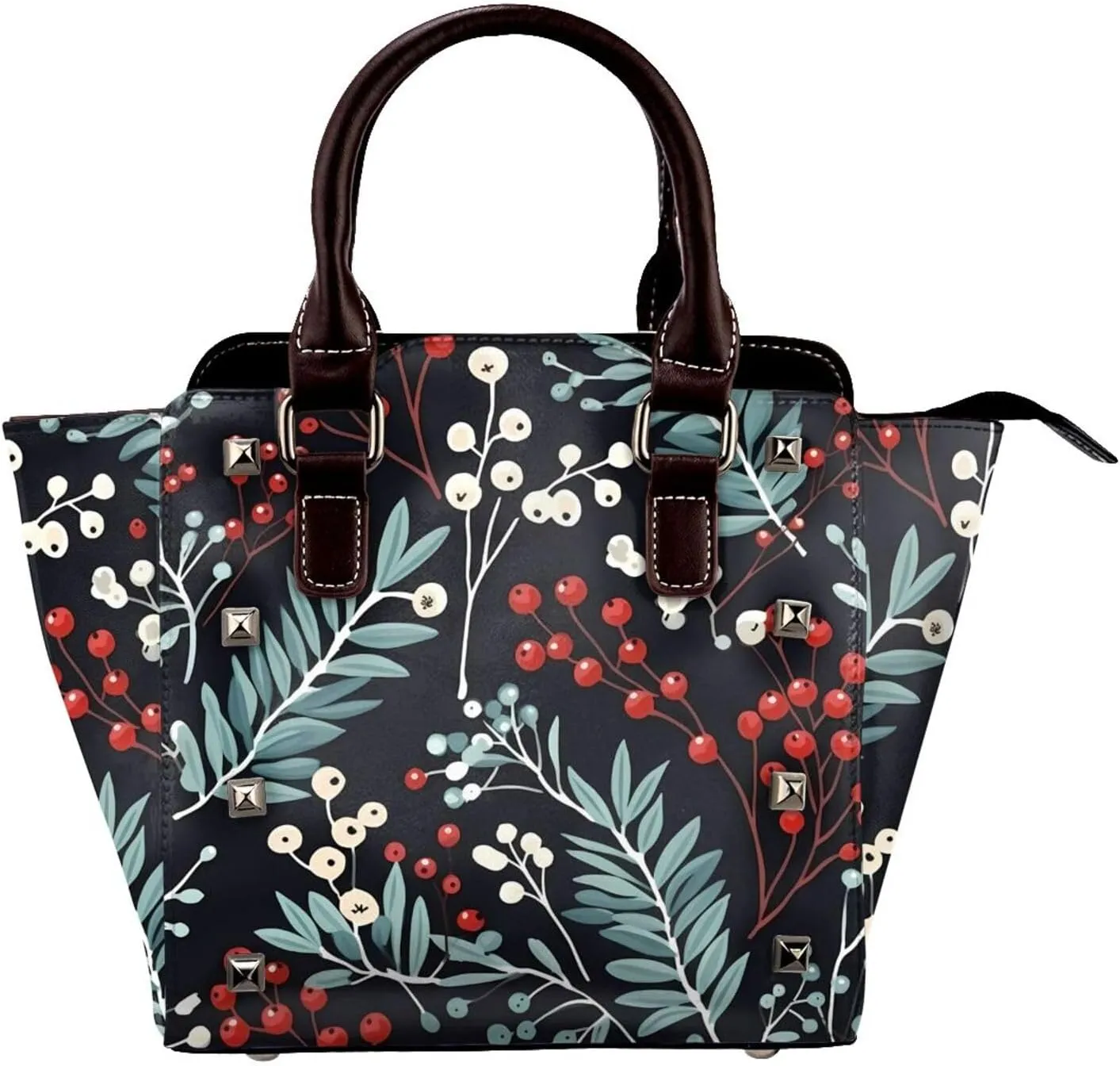 Leather Shoulder Bag for Women, Christmas Branches And Berries Studded Purse Xmas Leaves Crossbody Handbags Punk Hobo Bag with Adjustable Strap