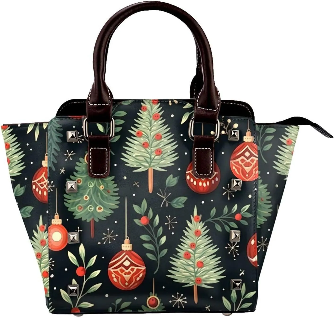 Leather Shoulder Bag for Women, Christmas Elements Studded Purse Xmas Tree Crossbody Handbags Punk Hobo Bag with Adjustable Strap