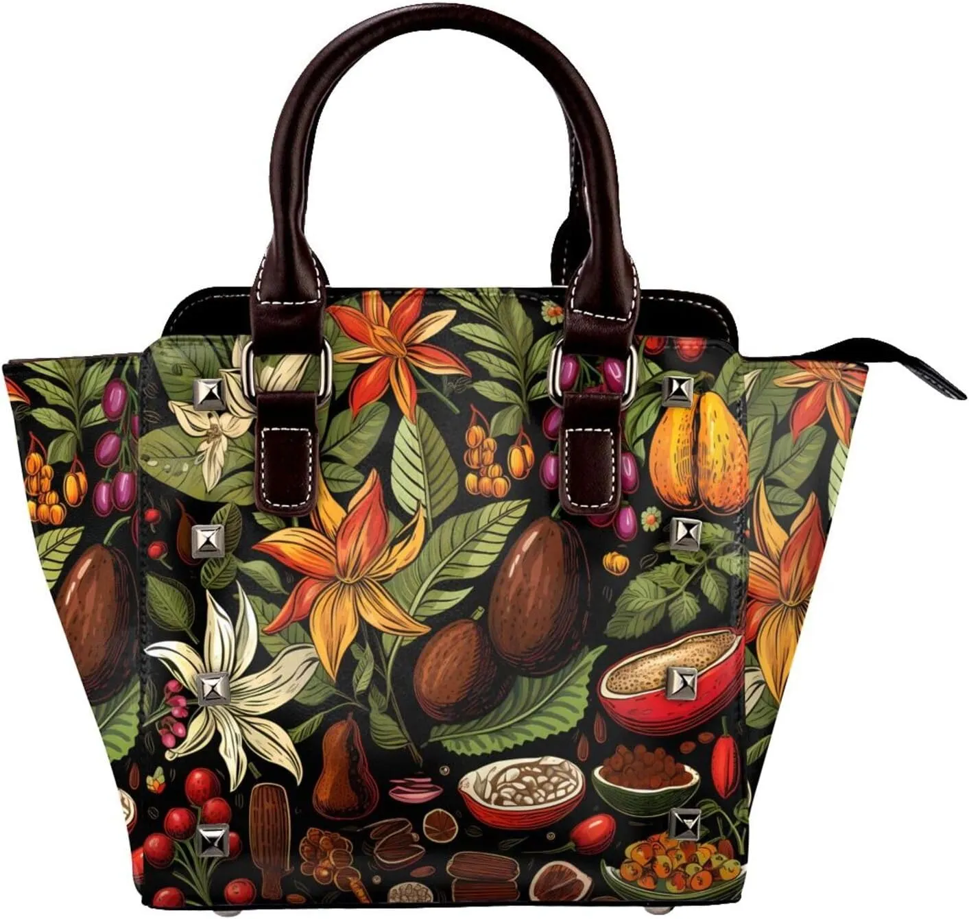 Leather Shoulder Bag for Women, Cocoa Plant Studded Purse Leaves Flower Crossbody Handbags Punk Hobo Bag with Adjustable Strap
