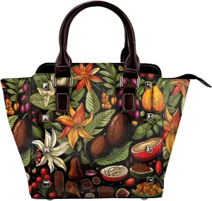 Leather Shoulder Bag for Women, Cocoa Plant Studded Purse Leaves Flower Crossbody Handbags Punk Hobo Bag with Adjustable Strap