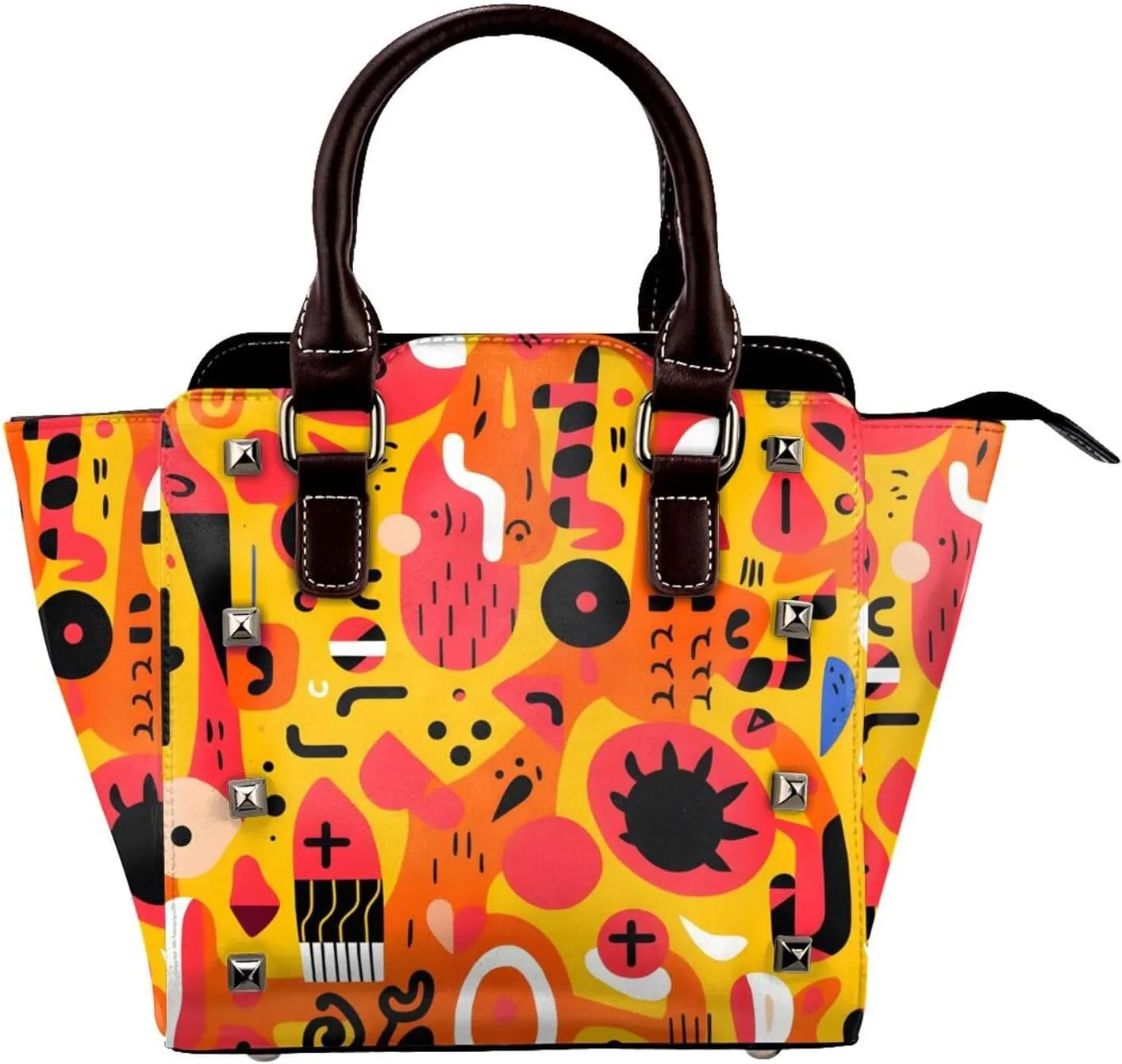 Leather Shoulder Bag for Women, Colorful Flower Art Studded Purse Boho Floral Crossbody Handbags Punk Hobo Bag with Adjustable Strap