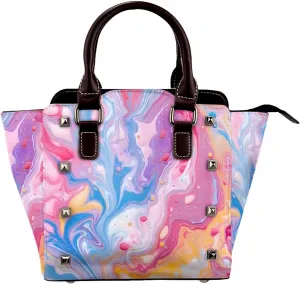Leather Shoulder Bag for Women, Colorful Marble Studded Purse Feather Boho Crossbody Handbags Punk Hobo Bag with Adjustable Strap