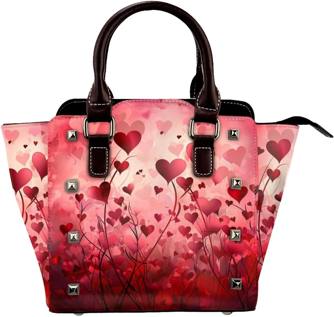 Leather Shoulder Bag for Women, Colorful Red Heart Studded Purse Romantic Crossbody Handbags Punk Hobo Bag with Adjustable Strap