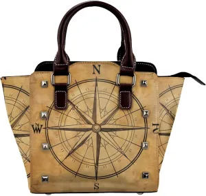 Leather Shoulder Bag for Women, Compass Studded Purse Nautical Crossbody Handbags Punk Hobo Bag with Adjustable Strap