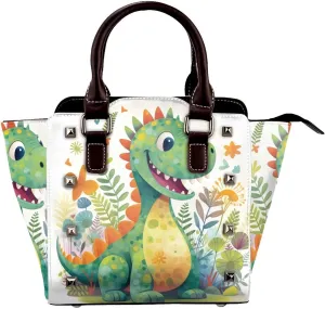 Leather Shoulder Bag for Women, Cute Dinosaur Leaves Studded Purse Animal Dino Crossbody Handbags Punk Hobo Bag with Adjustable Strap