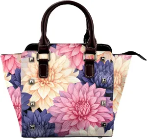 Leather Shoulder Bag for Women, Dahlia Flower Studded Purse Floral Crossbody Handbags Punk Hobo Bag with Adjustable Strap