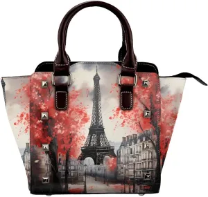 Leather Shoulder Bag for Women, Eiffel Tower Studded Purse Romantic Paris Crossbody Handbags Punk Hobo Bag with Adjustable Strap