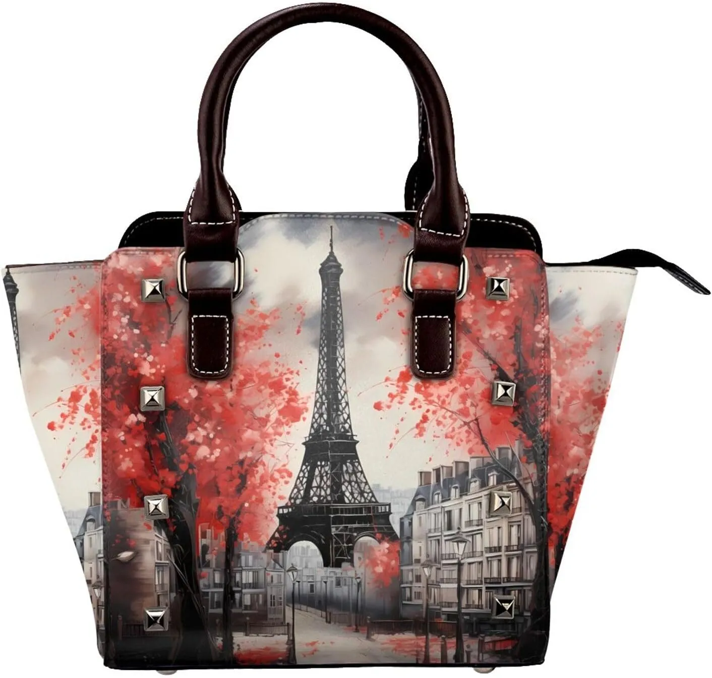 Leather Shoulder Bag for Women, Eiffel Tower Studded Purse Romantic Paris Crossbody Handbags Punk Hobo Bag with Adjustable Strap
