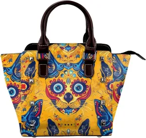 Leather Shoulder Bag for Women, Ethnic Cat Floral Studded Purse Kitten Flower Crossbody Handbags Punk Hobo Bag with Adjustable Strap
