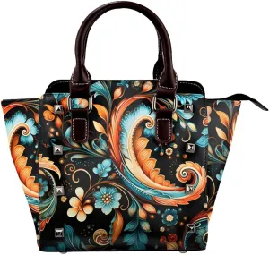 Leather Shoulder Bag for Women, Ethnic Feather Studded Purse Vintage Flower Floral Crossbody Handbags Punk Hobo Bag with Adjustable Strap