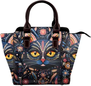 Leather Shoulder Bag for Women, Ethnic Flower Cat Studded Purse Bohemian Kitten Crossbody Handbags Punk Hobo Bag with Adjustable Strap