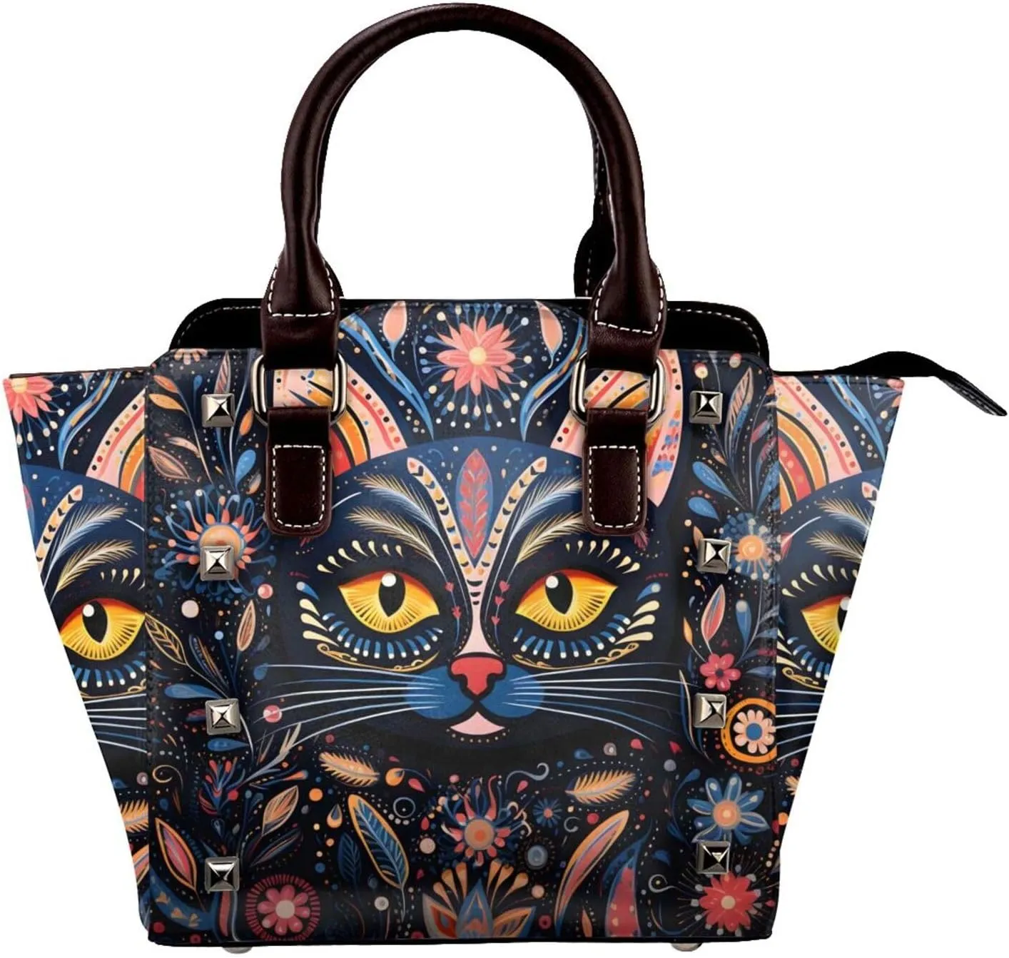 Leather Shoulder Bag for Women, Ethnic Flower Cat Studded Purse Bohemian Kitten Crossbody Handbags Punk Hobo Bag with Adjustable Strap
