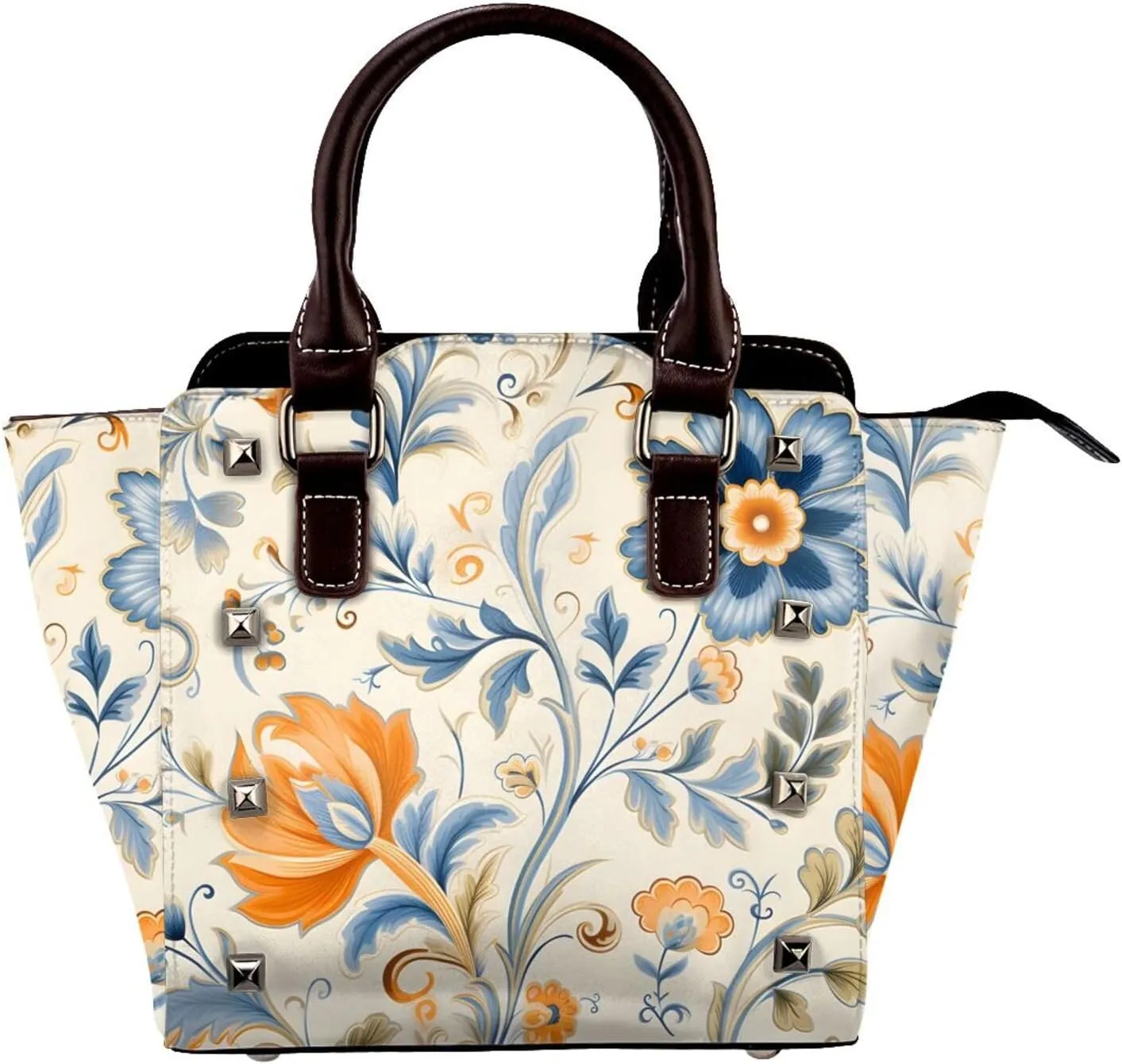 Leather Shoulder Bag for Women, Ethnic Flower Leaves Studded Purse Vintage Floral Crossbody Handbags Punk Hobo Bag with Adjustable Strap
