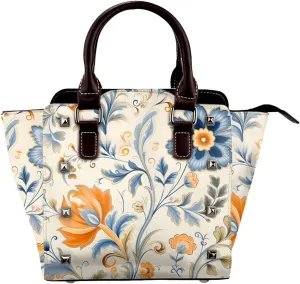 Leather Shoulder Bag for Women, Ethnic Flower Leaves Studded Purse Vintage Floral Crossbody Handbags Punk Hobo Bag with Adjustable Strap