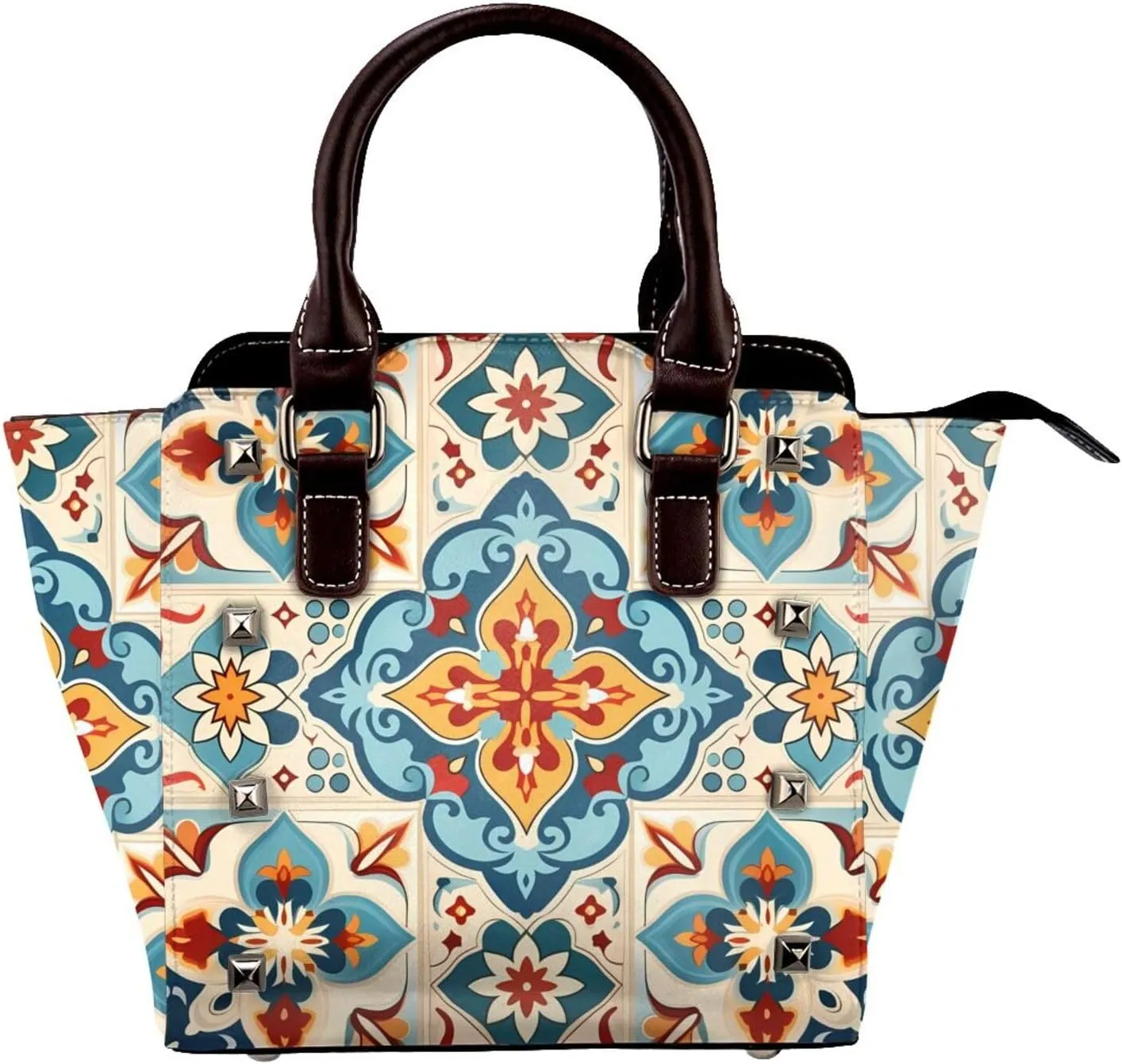 Leather Shoulder Bag for Women, Ethnic Flower Studded Purse Colorful Patchwork Crossbody Handbags Punk Hobo Bag with Adjustable Strap