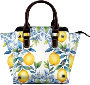 Leather Shoulder Bag for Women, Ethnic Lemon Studded Purse Floral Leaves Crossbody Handbags Punk Hobo Bag with Adjustable Strap