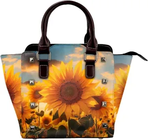 Leather Shoulder Bag for Women, Farm Sunflower Studded Purse Blue Board Quote Crossbody Handbags Punk Hobo Bag with Adjustable Strap
