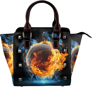 Leather Shoulder Bag for Women, Fire And Water Basketball Studded Purse Sport Crossbody Handbags Punk Hobo Bag with Adjustable Strap