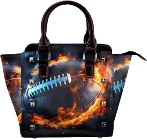 Leather Shoulder Bag for Women, Fire Football Studded Purse Sport Ball Crossbody Handbags Punk Hobo Bag with Adjustable Strap