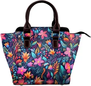 Leather Shoulder Bag for Women, Flower Leaves Studded Purse Colorful Floral Crossbody Handbags Punk Hobo Bag with Adjustable Strap