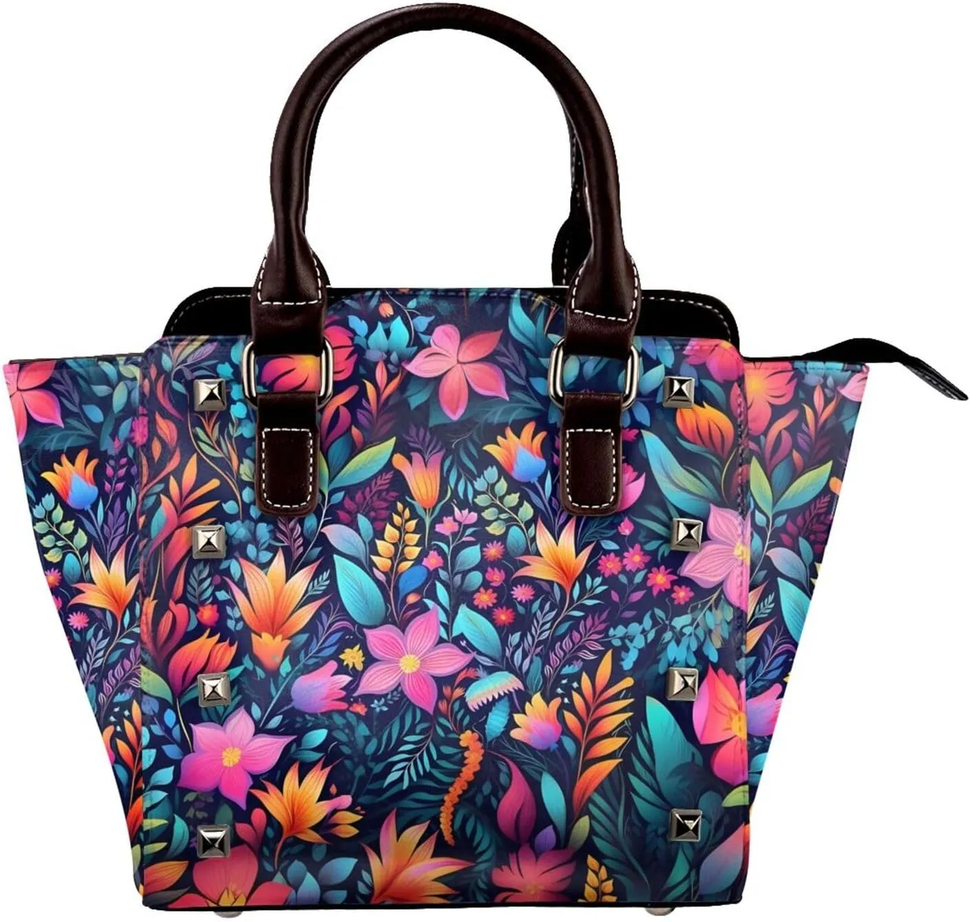 Leather Shoulder Bag for Women, Flower Leaves Studded Purse Colorful Floral Crossbody Handbags Punk Hobo Bag with Adjustable Strap