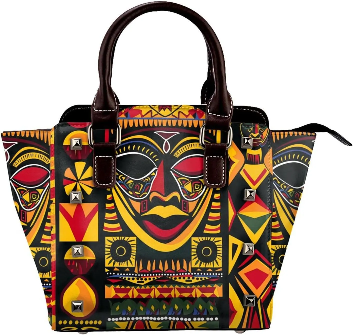 Leather Shoulder Bag for Women, Geometric Ethnic Studded Purse African Women Crossbody Handbags Punk Hobo Bag with Adjustable Strap