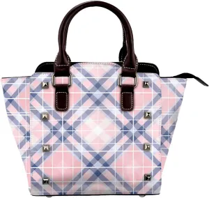 Leather Shoulder Bag for Women, Geometric Plaid Studded Purse Vintage Check Crossbody Handbags Punk Hobo Bag with Adjustable Strap