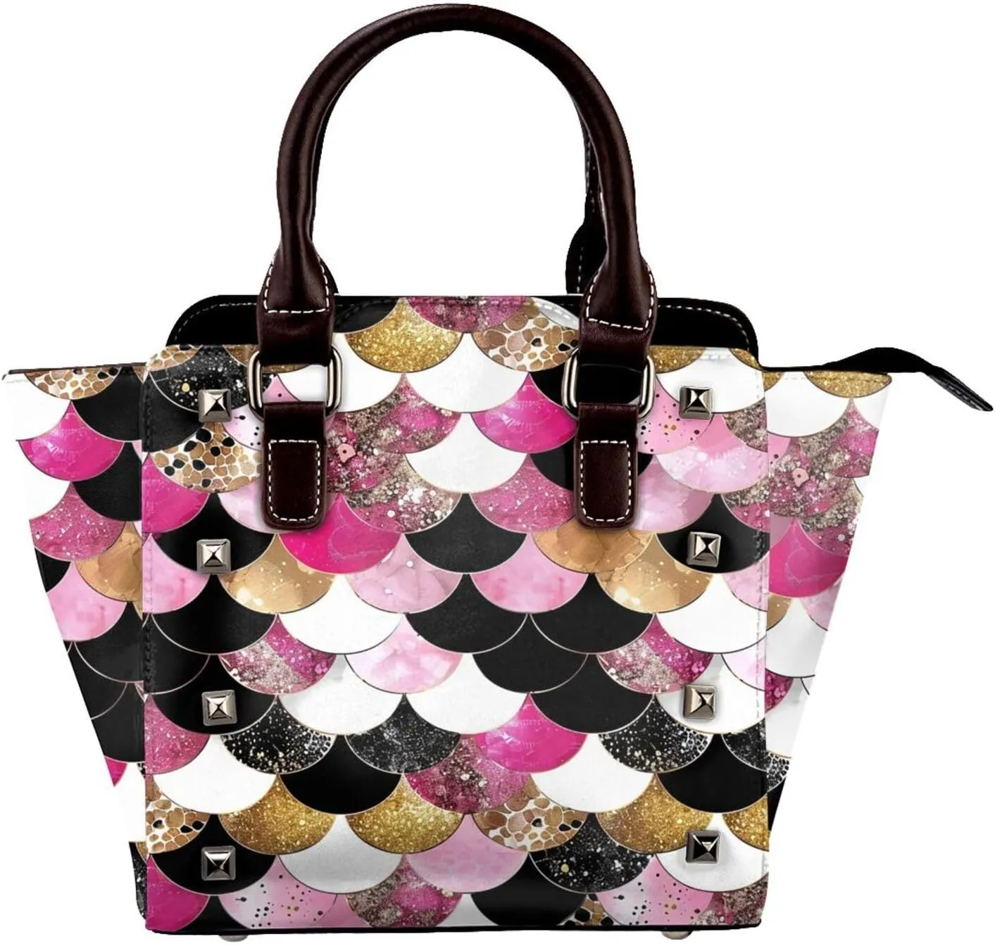 Leather Shoulder Bag for Women, Gold Mermaid Fish Scale Studded Purse Galaxy Sea Crossbody Handbags Punk Hobo Bag with Adjustable Strap
