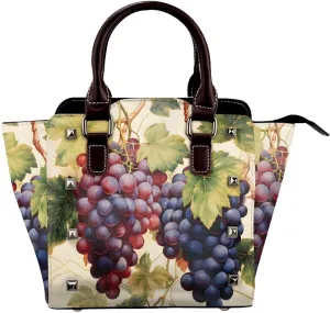 Leather Shoulder Bag for Women, Grape Studded Purse Rustic Waterproof Crossbody Handbags Punk Hobo Bag with Adjustable Strap